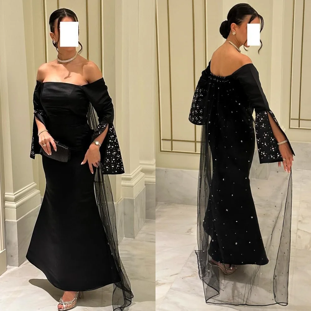 Gaun pesta Arab Saudi, gaun acara Off-the-shoulder Bespoke, Gaun Midi Satin manik-manik