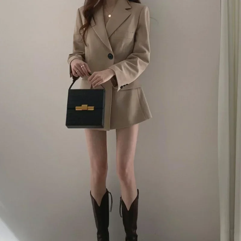 Women Solid Colors Khaki Black Mid Length Chic Blazers Single Button Oversize Suits 2023 Spring Autumn New Work Casual Blazer