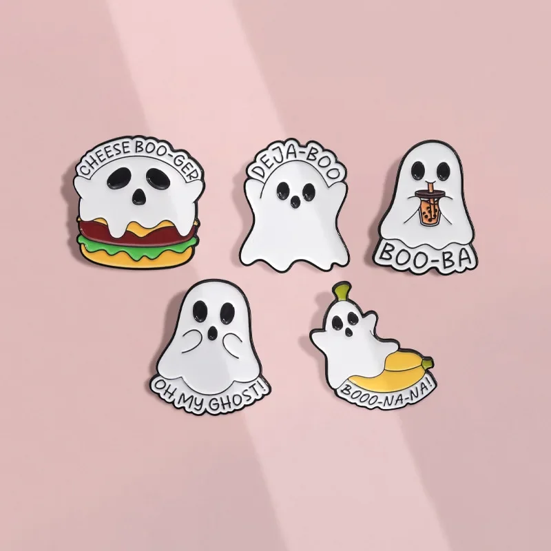 Cute Ghost Enamel Pin Cartoon Spooky Burger Banana Brooch Backpack Clothing Decorative Custom Metal Badge Jewelry Wholesale Gift