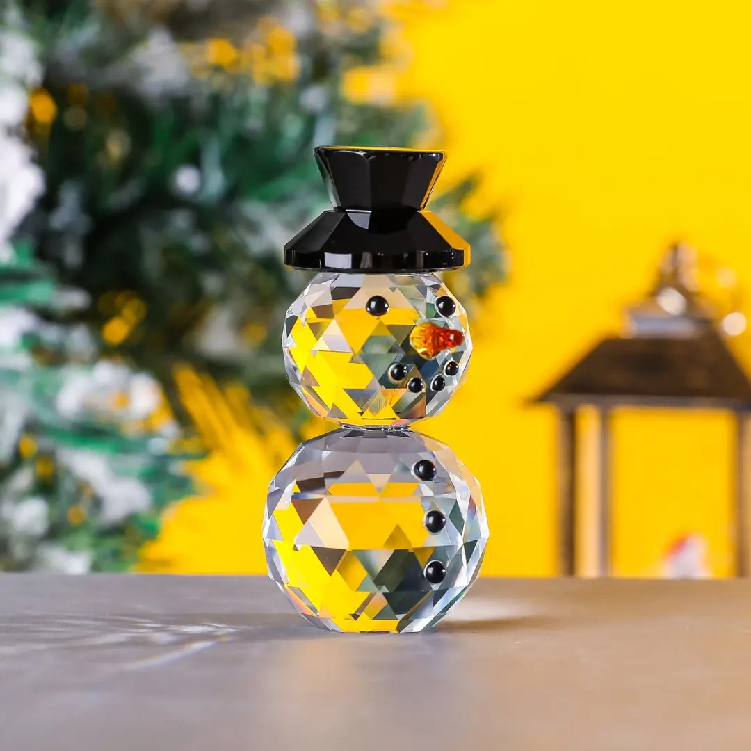 Crystal Black Hat Snowman Figurines Collectible Paperweight Glass Snowman Ornament Christmas Party Favor Decor Gift