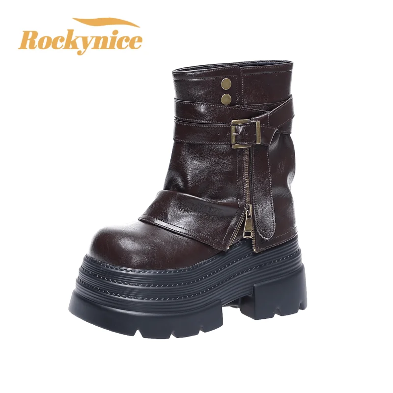 

Женские мотоциклетные ботинки на массивном массиве, новинка 2023 года, осенние кожаные кроссовки на скрытом каблуке, зимние ботинки, ботильоны на высокой платформе с пряжкой 10 см