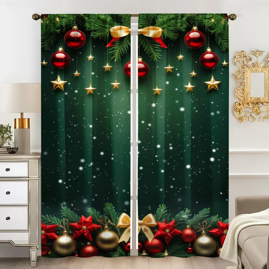 2PCS Christmas Winter Curtains, Bauble Star Snow, Digital Print, Bedroom Living Room, Rod Pocket, Polyester, Home Decor