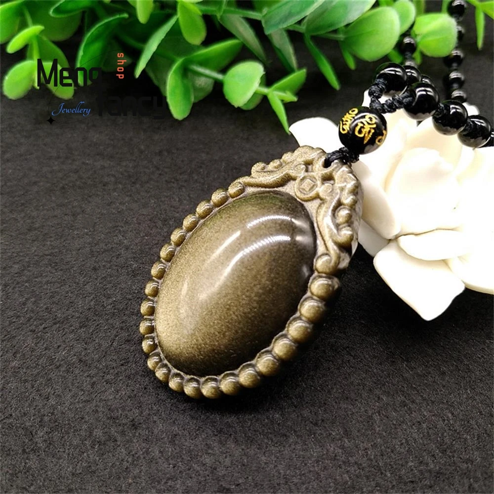 Natural Gold Obsidian Ruyi Peace Pendant Charms Fashion Engraver Jewelry Men Women Necklace Amulet Mascots Luxury Holiday Gifts