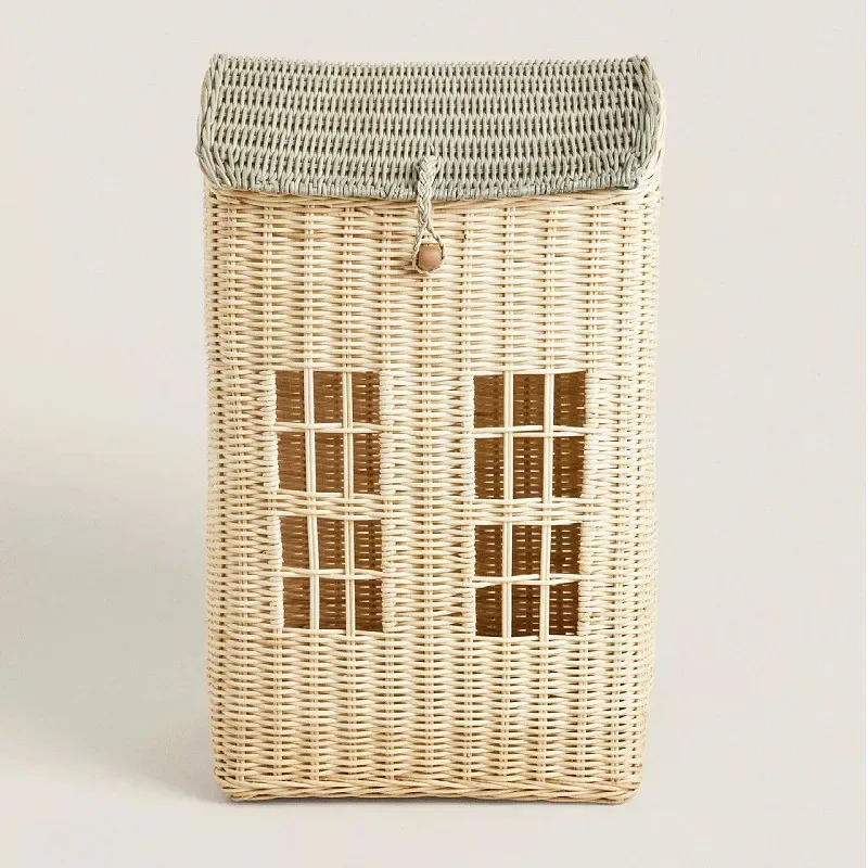 Rattan Storage Basket with Lid Woven Laundry Hamper for Living Room Nordic Decorative Toy Organizer Box Farmhouse Storage Bin