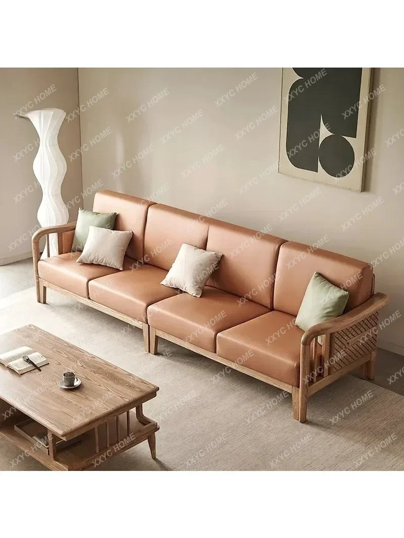 HG53  Solid Wood Sofa White Wax Wood New Chinese Modern Minimalist Living Room Straight Row Sofa Four-Seat