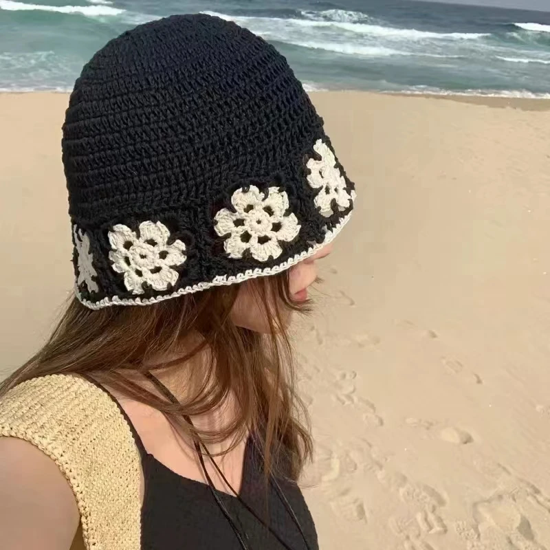 Knitted Floral Bucket Hats For Women Spring Summer Sun Hat Female Crochet Fishermen Cap Outdoor Travel Basin Caps Panama Gorros