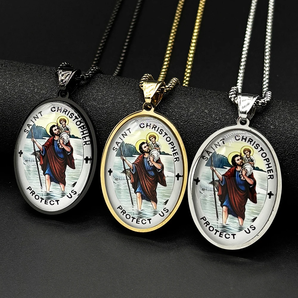 Saint Christopher Protect Us Glass Medal Pendant Necklace for Women Men Stainless Steel Gold Color Catholic Traveler Jewelry