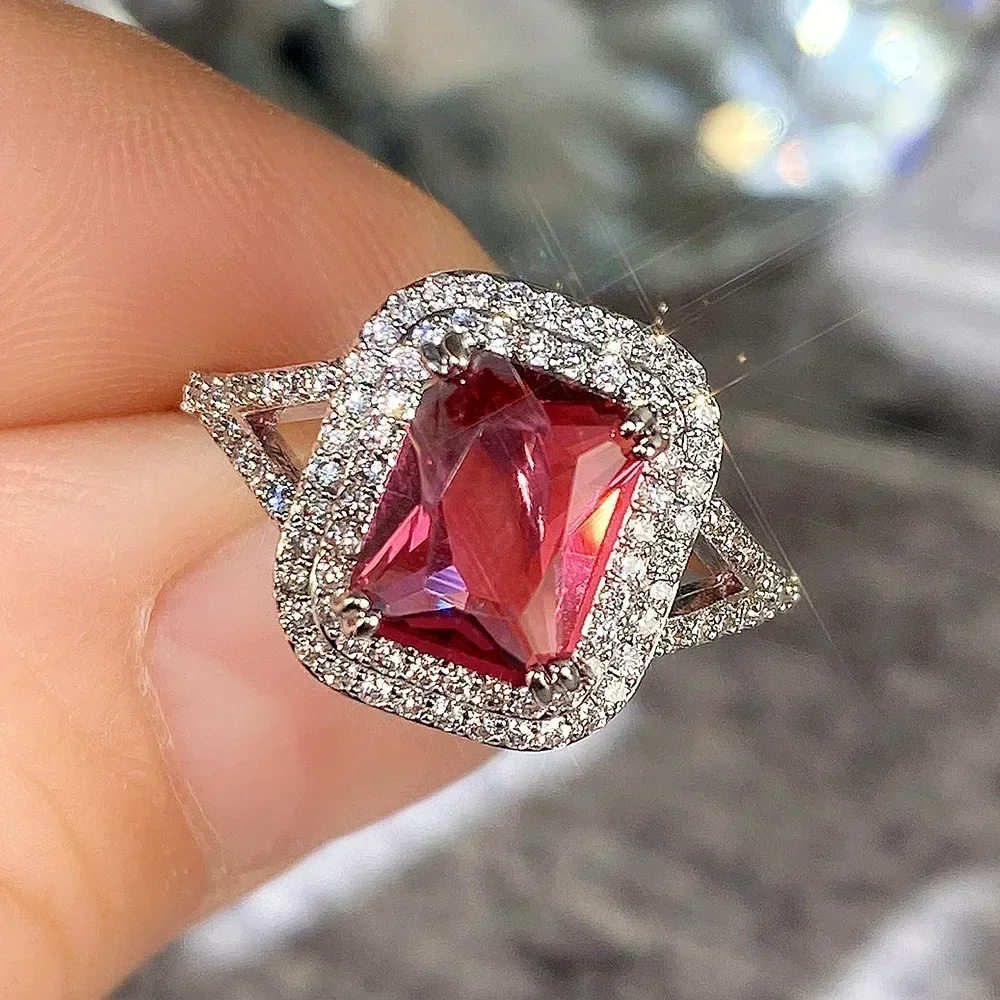 New Rose Red Cubic Zirconia Wedding Rings for Women High Quality Silver Color Jewelry Marriage Ceremony Party Bridal