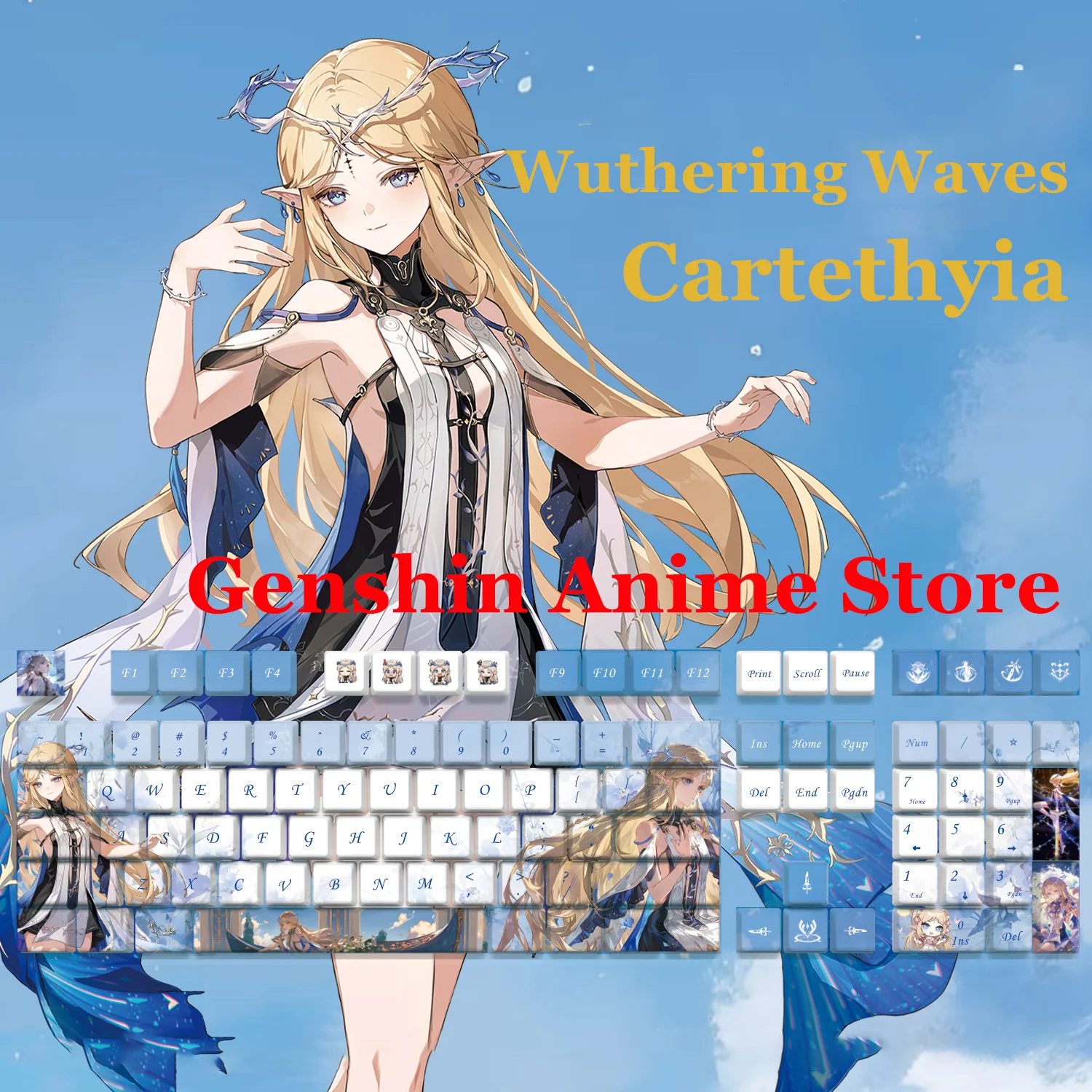 Game Wuthering Waves Cartethyia 128 Key Caps Cosplay Props Axis Side Engraved Mechanicale Keycaps Gaming Tabletop Supplies