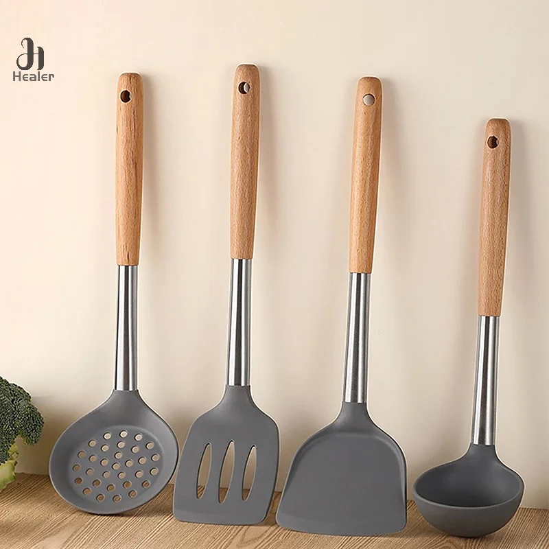 Silicone Cooking Utensil Set Heat Resistant Non Stick Cookware Spatula Shovel Kitchenware Measuring Spoons Baking Tool Set