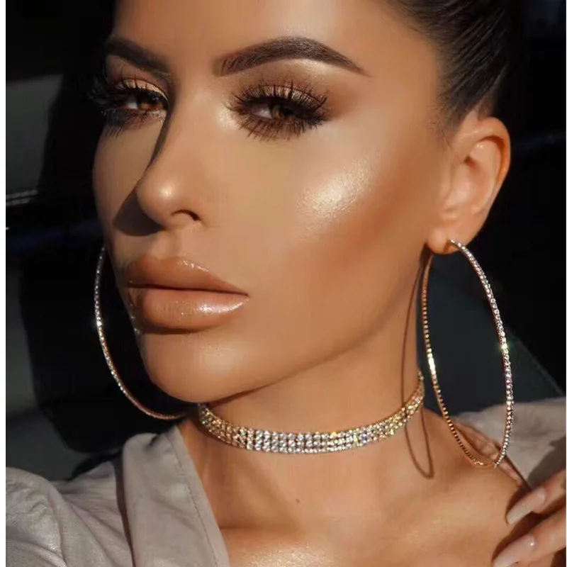 Cross-border exaggerated diamond-set large earrings nightclub earrings, hip-hop large round diamond-set earrings 9cm hoop earrin