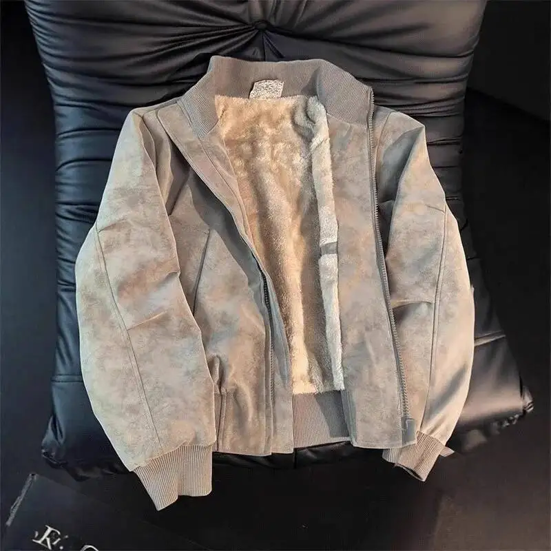 Thickened Fleece American Dyed PU Leather Jacket Cotton Coat Men's Short Stand Collar Motorcycle Style Winter Warm Outerwear