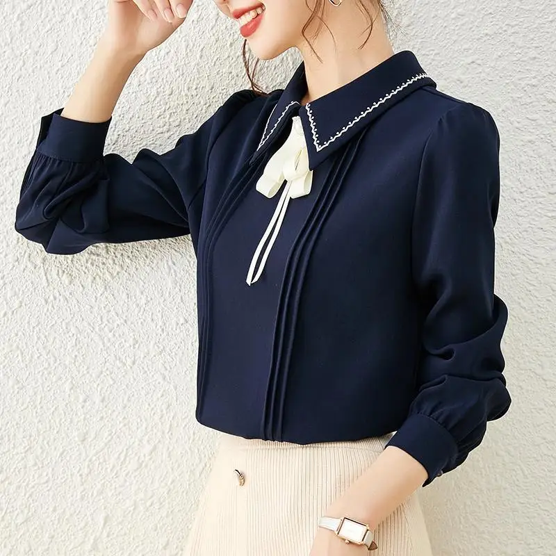 Sweet Button Spliced Embroidery Bow Chiffon Blouse Women\'s Clothing 2023 Spring New Casual Pullovers Loose Office Lady Shirt