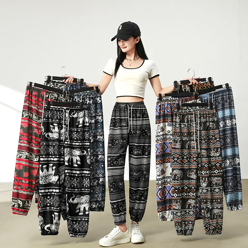 High Waist Straight Leg Printed Beachy Women's Cargo Pants Ethnic Trousers Cuffed Nine Point Casual Summer Fashion