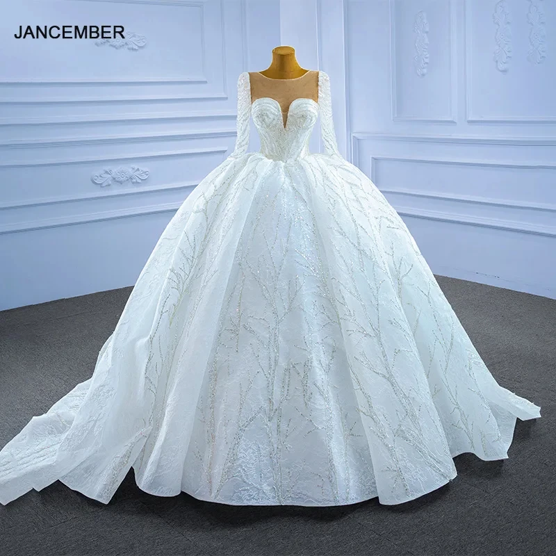 

Jancember Sexy White Frill Deep O-neck Transparent Lace Wedding Dress Customizable RSM67273 Women Long Sleeve Wedding Gown