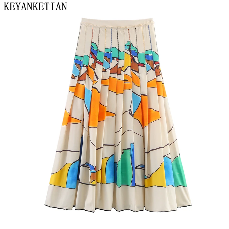 

KEYANKETIAN Autumn New Women's High Waisted Side Zipper Wide Pleated Printed Large Swing Skirt A-line Skirt