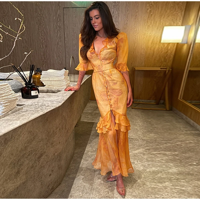 Elegant Ruffle Women's Long Dresses V Neck Half Sleeve Button Waist Cinching Pleated Dress 2026 Spring Lady Fashion Party Robes