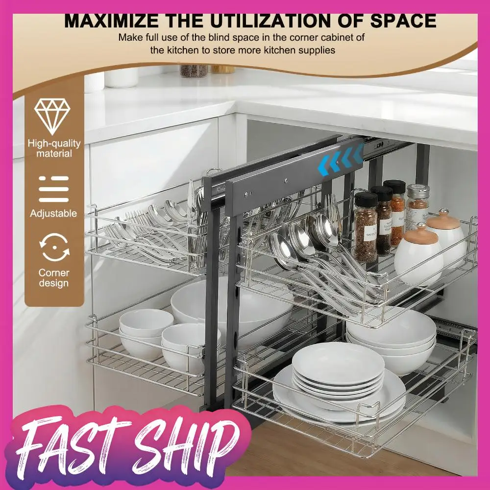 

Dual Tier Pull-Out Basket Left Open & Right Open Compatible Carbon Steel Storage Basket for Blind Corner Kitchen Or Bathroom