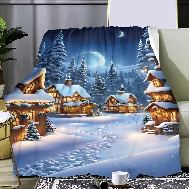Manta contemporánea de forro polar de franela – Escena de invierno con estampado digital con Snowy Village y Moon – Suave cálido
