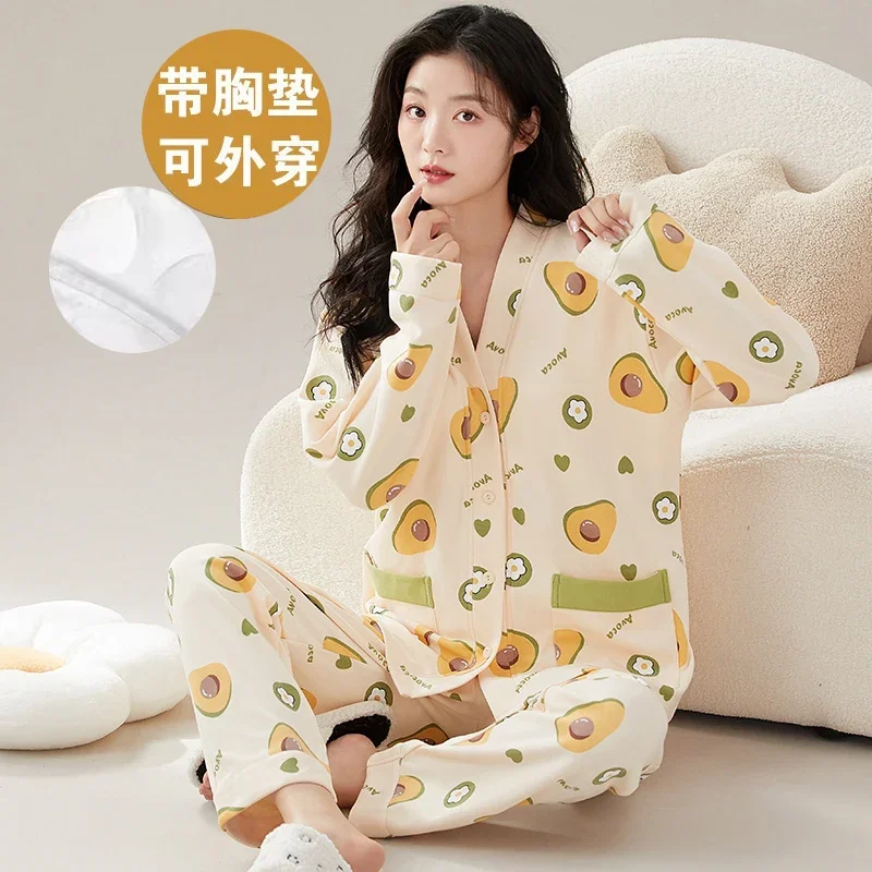 With Bra Pad M-3XL Women Cotton Pajama Spring Kimono Style Cardigan Sleepwear Korean Pijamas Plus Size Nightwear Long Pjs