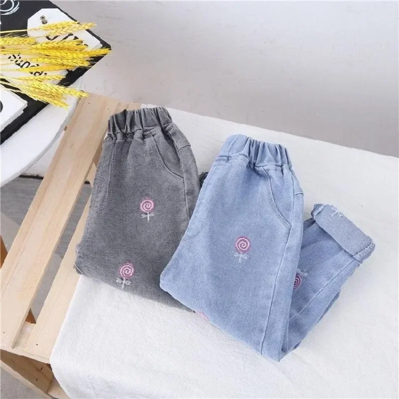 New Korean Version of Foreign Style Spring and Autumn Dress Girl Jeans Girl Baby Spring and Autumn Smoke Gray Pants Wear Loose