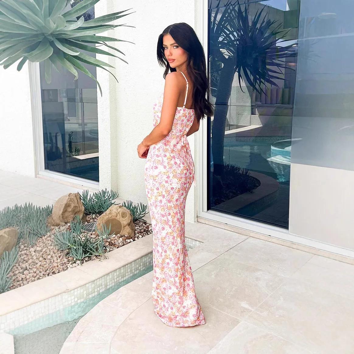 Estate Nuovo U-Ne Stampa floreale Strapl Bal Slim Fit Dr Vita alta Fibra di latte Primavera Thiened Ladies Faion Dr