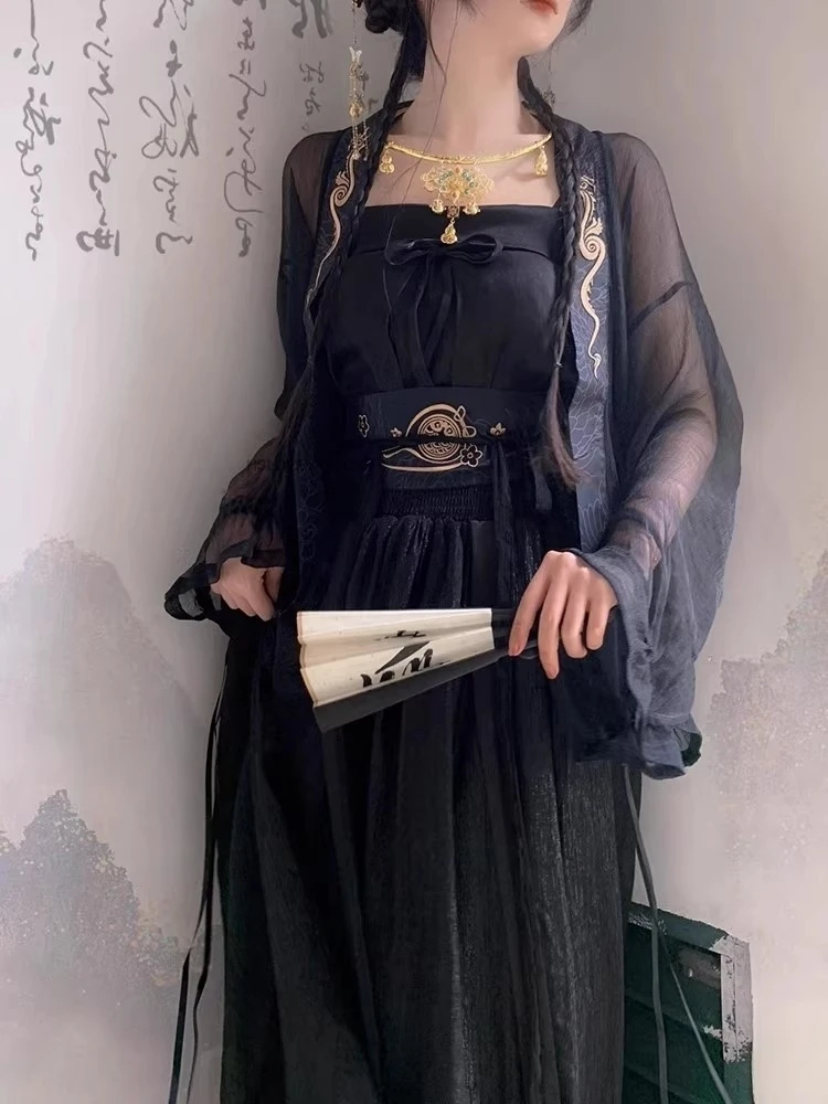 

Tang New Chinese Han Elements Black Daily Cosplay Dress Set Antique Chest Skirt Hanfu Chinese Style Cardigan Suit Summer Girl