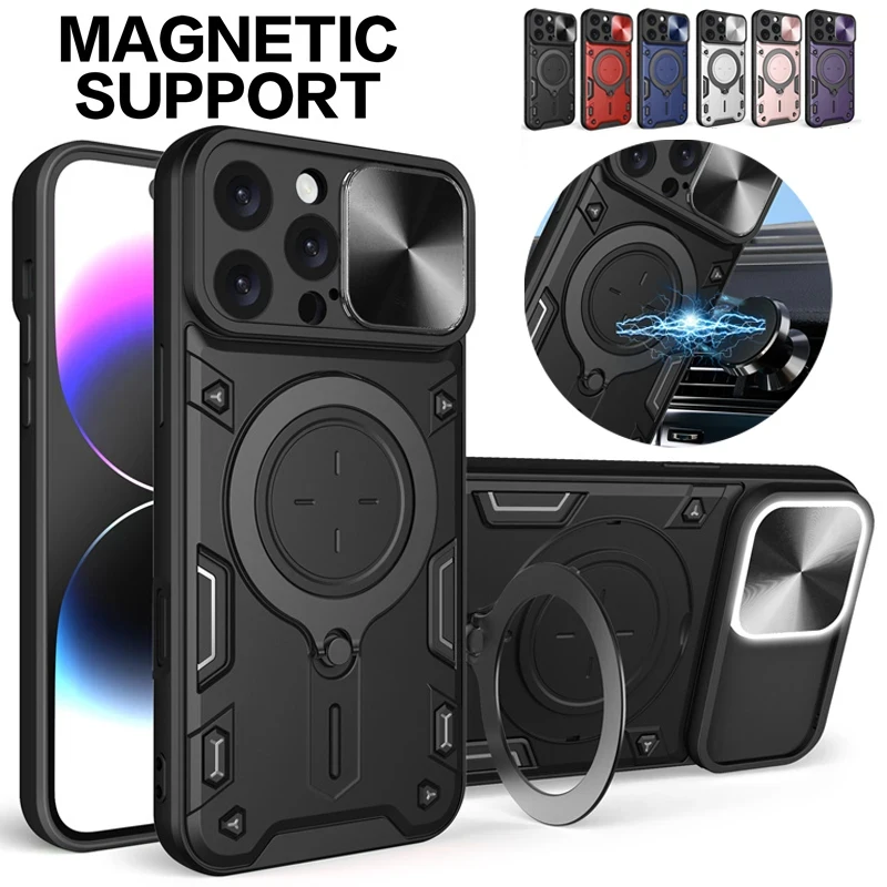 Capa de celular elegante com proteção deslizante para lente, compatível com iPhone 17, 16, 15, 14, 13 Pro Max, com suporte e proteção antichoque.