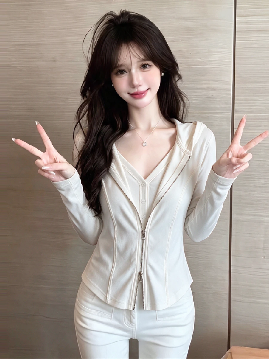 Sexy Chic Long Sleeve Hoodie Base Shirt Women's Fashion Slim Fit Versatile  Color Casual Wear Chinese Brand Short Jacket