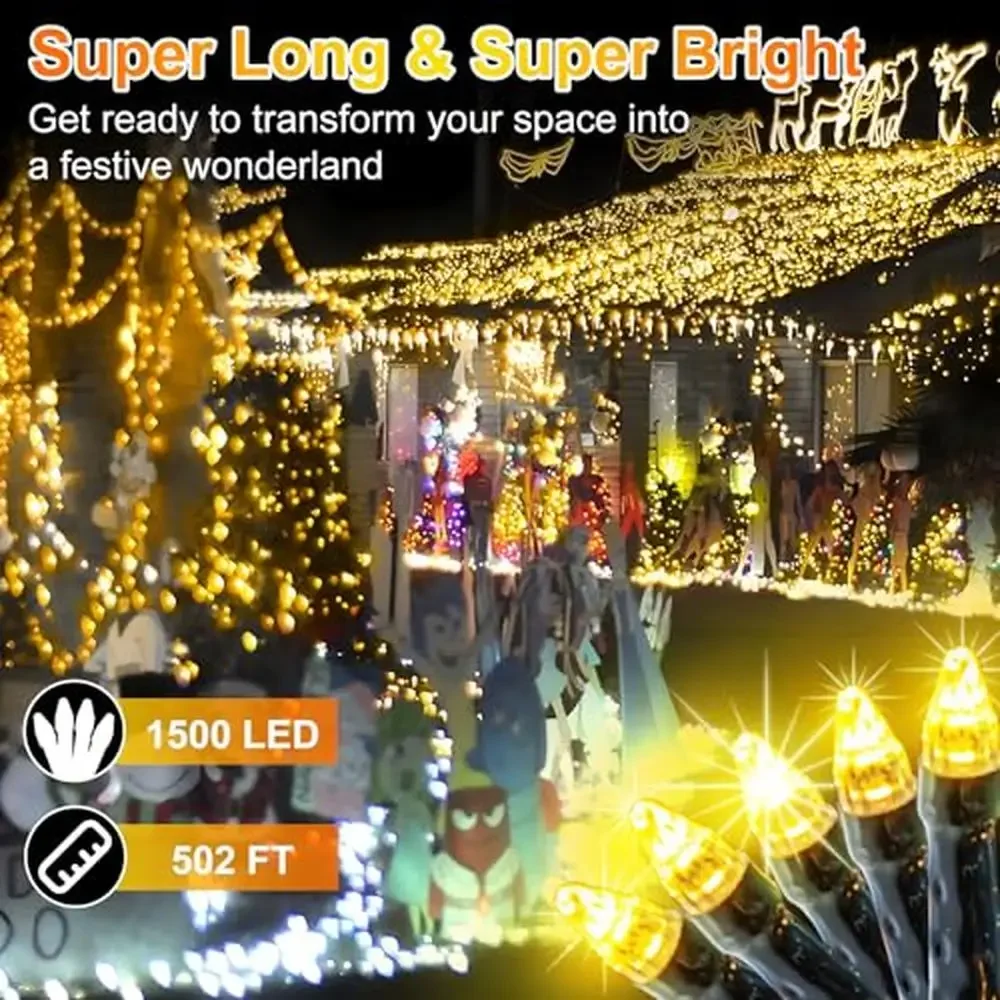 Super Long 502ft Outdoor Christmas Lights 1500 LED String Lights 8 Modes Timer Memory Waterproof Dark Green Wire Fairy Festive