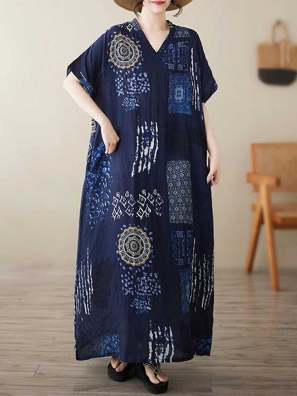 

Низкая цена, легкий, оверсайз, с v-образным вырезом, с хлопковым принтом, новинка лета, женские большие размеры, длиной до колена, свободный крой