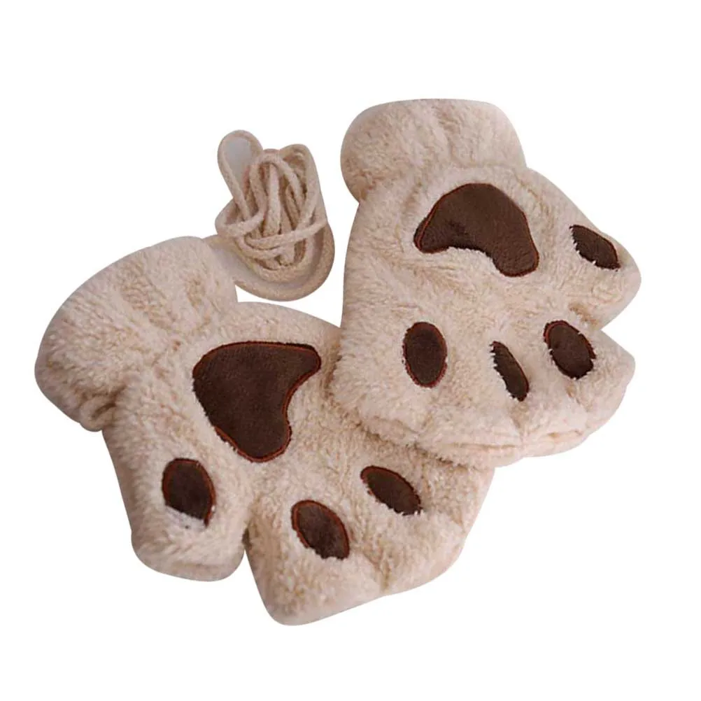 

Warm Cat Claw Dog Paw Mittens Short Fingerless Gloves Half Finger Gloves Beige Rope Adjustable Wrist Winter Cycling Touchscreen