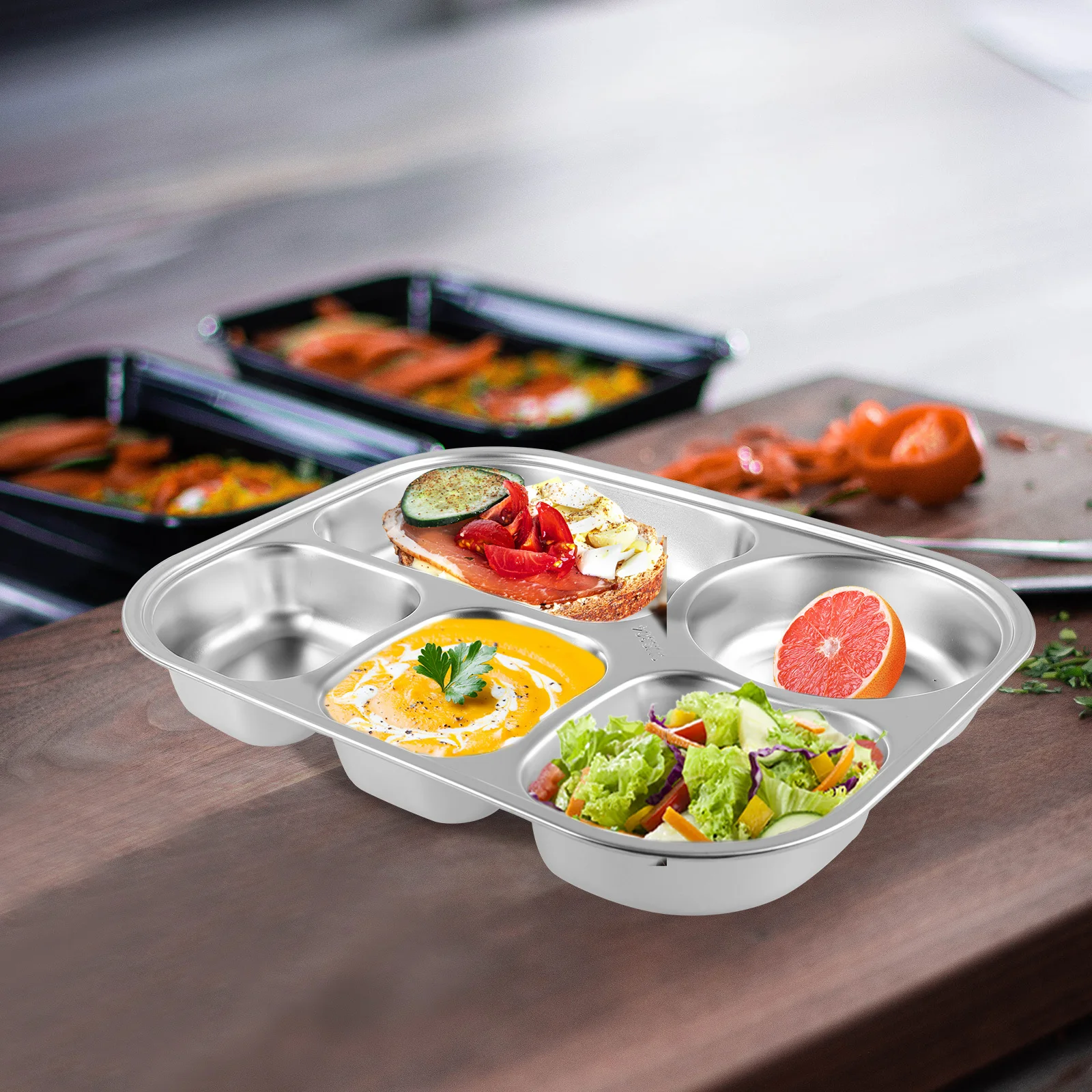 

Multi Compartments Stainless Steel Food Plate Divided Dish Easy to Clean Versatile for Home School Canteen Hotel
