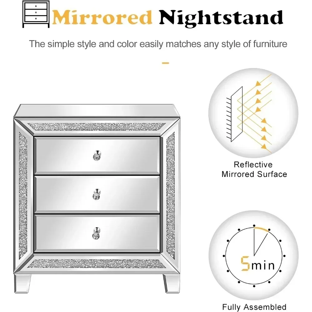 VINGLI Mirrored Nightstand Glass End Table, 23\