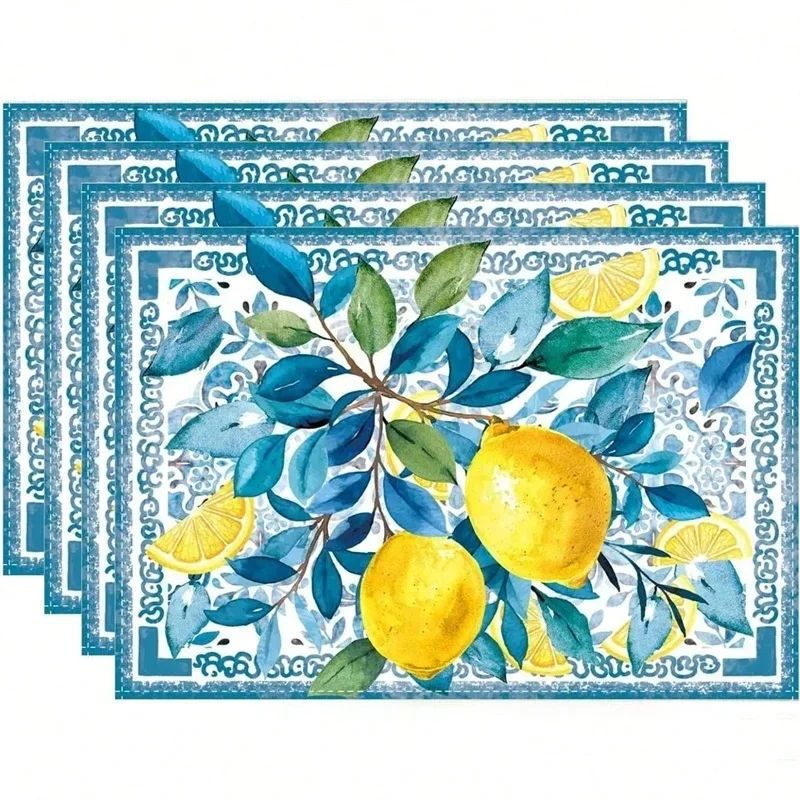 4Pcs Watercolor Blue Flower Lemon Vine Summer Linen Placemat Fresh Holiday Dining Table Decor for Wedding Party Home Gathering view 2