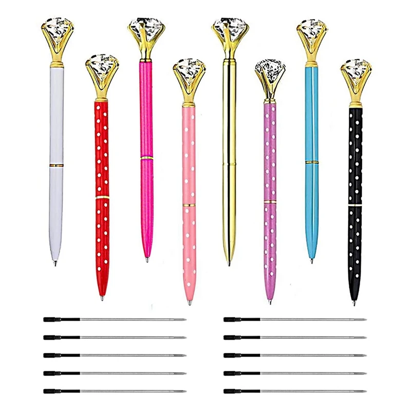 

8Pcs Diamond Pens With Big Crystal Bling Metal Ballpoint Pens Retractable Ballpoint Pens With 10Pcs Refills