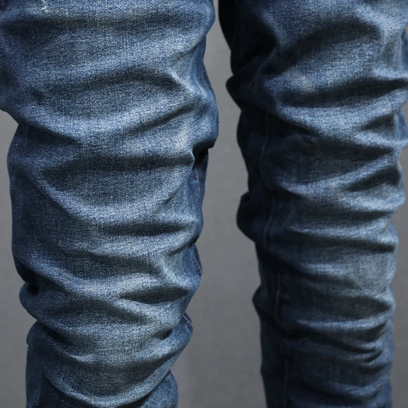 Fashionable new men's jeans, washed with water, nostalgic stretch, slim fit, blue jeans, high street hip-hop brand pants, y2k