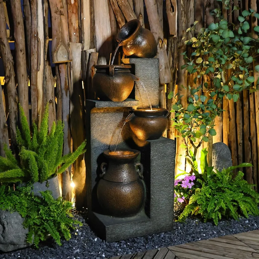 53''H Water Fountain Outdoor Garden Fountain Large- 4 Tiered Cascading Bowls and Outdoor Fountains and Waterfalls with Lights fo