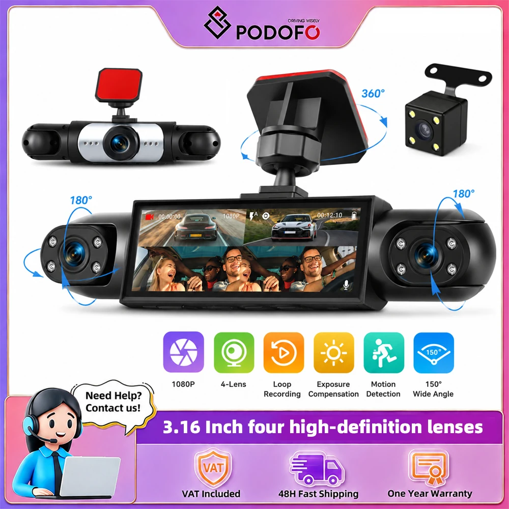 Podofo 3,16 Zoll Auto-Dashcam 1080P Auto-Blackbox Dashcam mit Vier HD-Kameras Einschließlich 480P Linke Innenkamera, Rechte Innenkamera und Rückkamera
