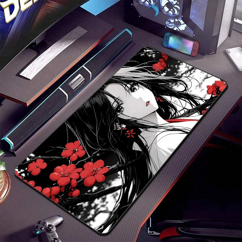 XXL Anime Girls Gaming Mouse Pad, Non-Slip Rubber Stitched Edge, Black White Large Desk Mat for PC Gamer Laptop