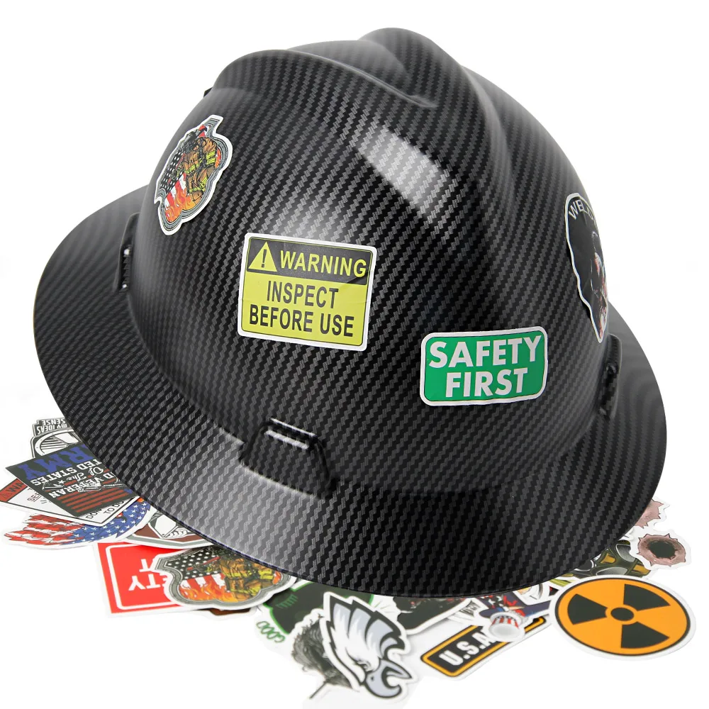 Full Brim Safety Helmet Construction Work Cap Lightweight ABS Protective Hard Hat ANSI Hard Hat w/ 50Pcs Waterproof DIY Stickers