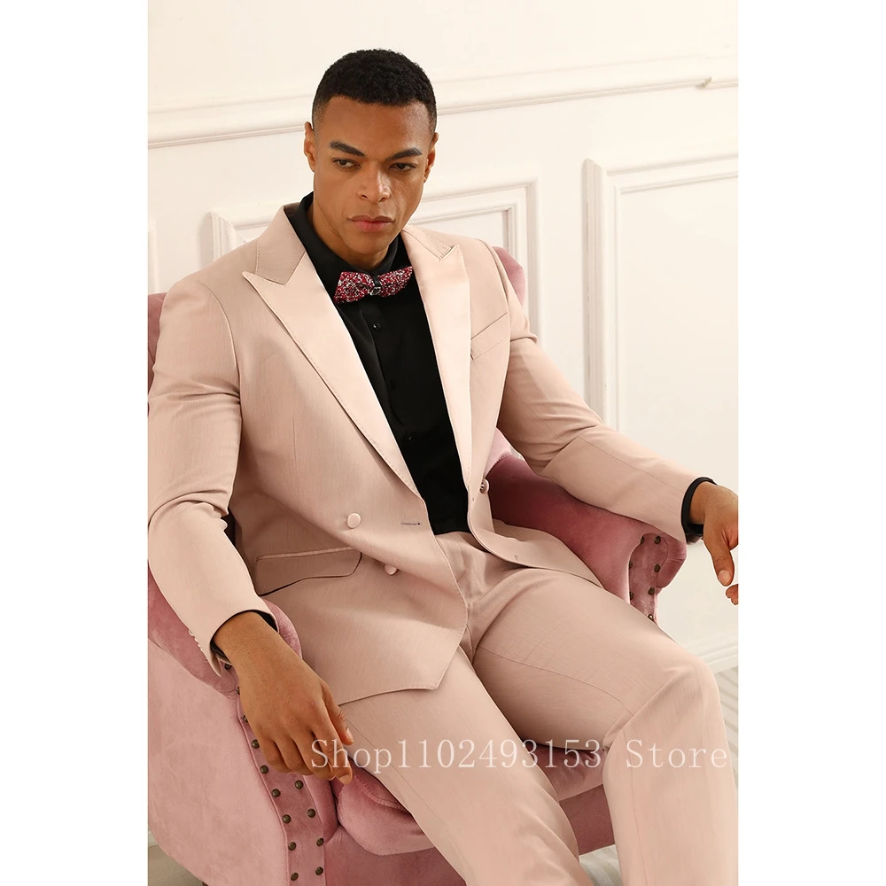 2023 New Fashion Pink Men Suits Slim Fit Peak Lapel Double Breasted 2 Pieces Male Tuxedos For Wedding Blazer Pants Costume Homme