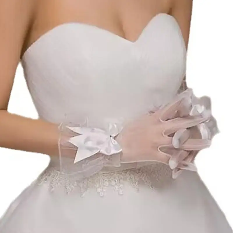 652F الدانتيل Bowknot تقليم قفازات الحدث الرسمي فساتين الزفاف قفازات للعروس وصيفات الشرف #3