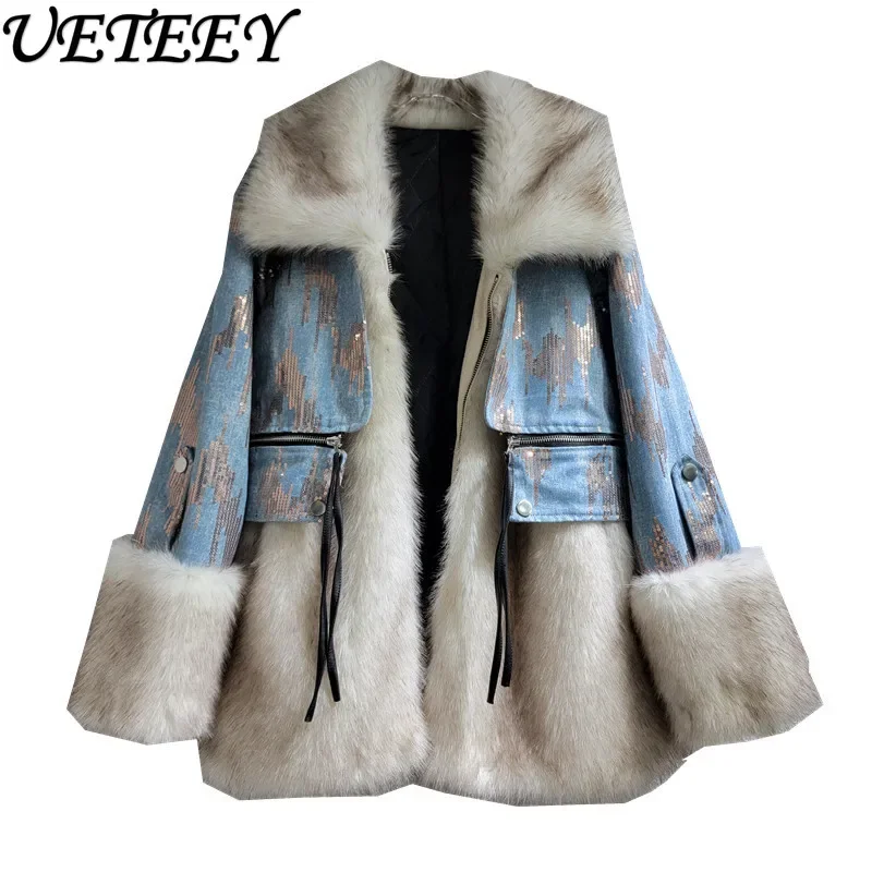 Personality Affordable Luxury Lapel Design Faux Fur Coat Winter Furry Stitching Sequins Denim Loose Slimming Puffer Jacket