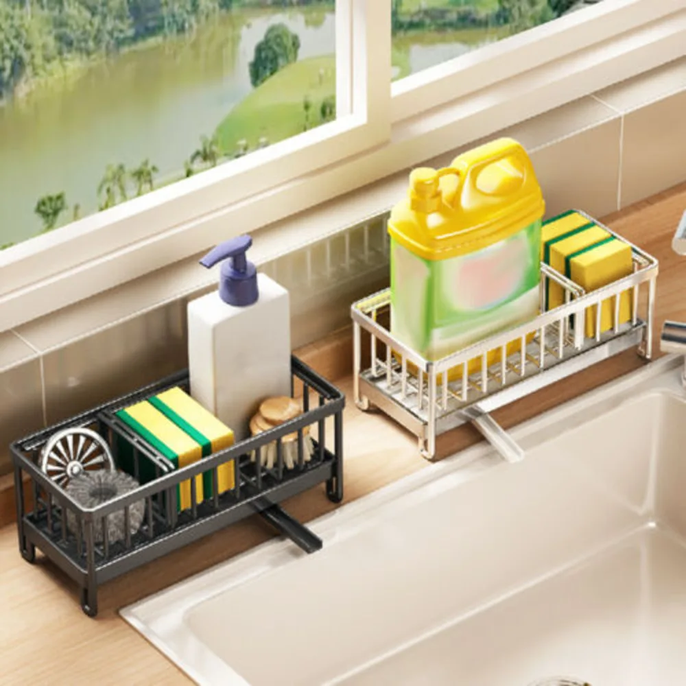 

Customizable Kitchen Sink Caddy Organiser With Auto Drain Tray Sponge Storage Brush Holder