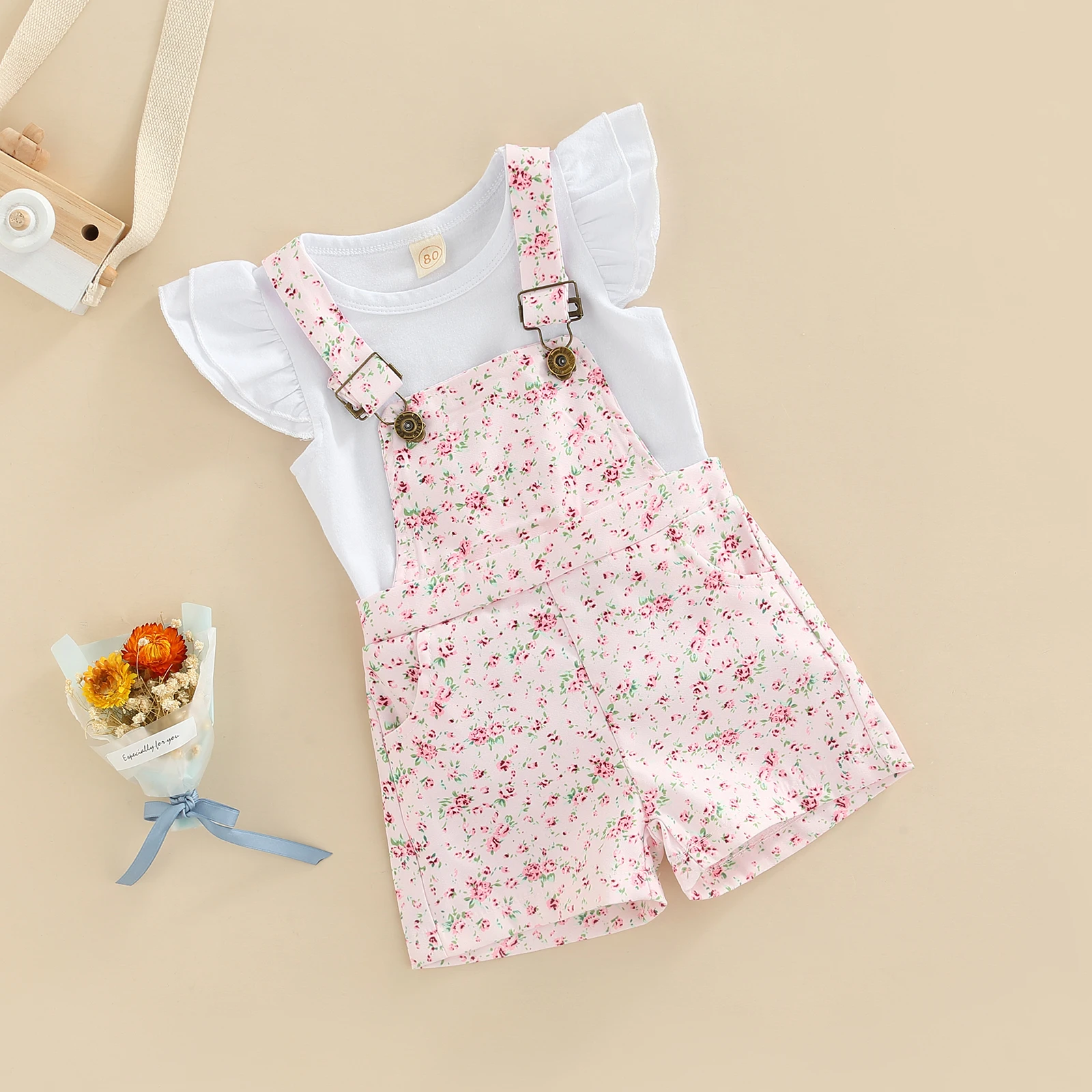 Kids Clothes Girls Summer Outfits Children Clothing Short Sleeve Round Neck Tops + Flowers Printed Suspender Short Pants Set