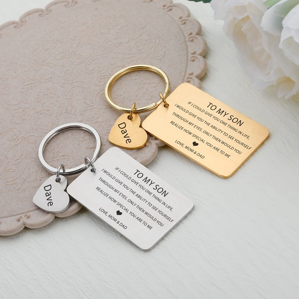 Personalized Engraved Son Quote Keychain Rectangle Card Custom Name Heart Pendant Stainless Steel Family Keepsake