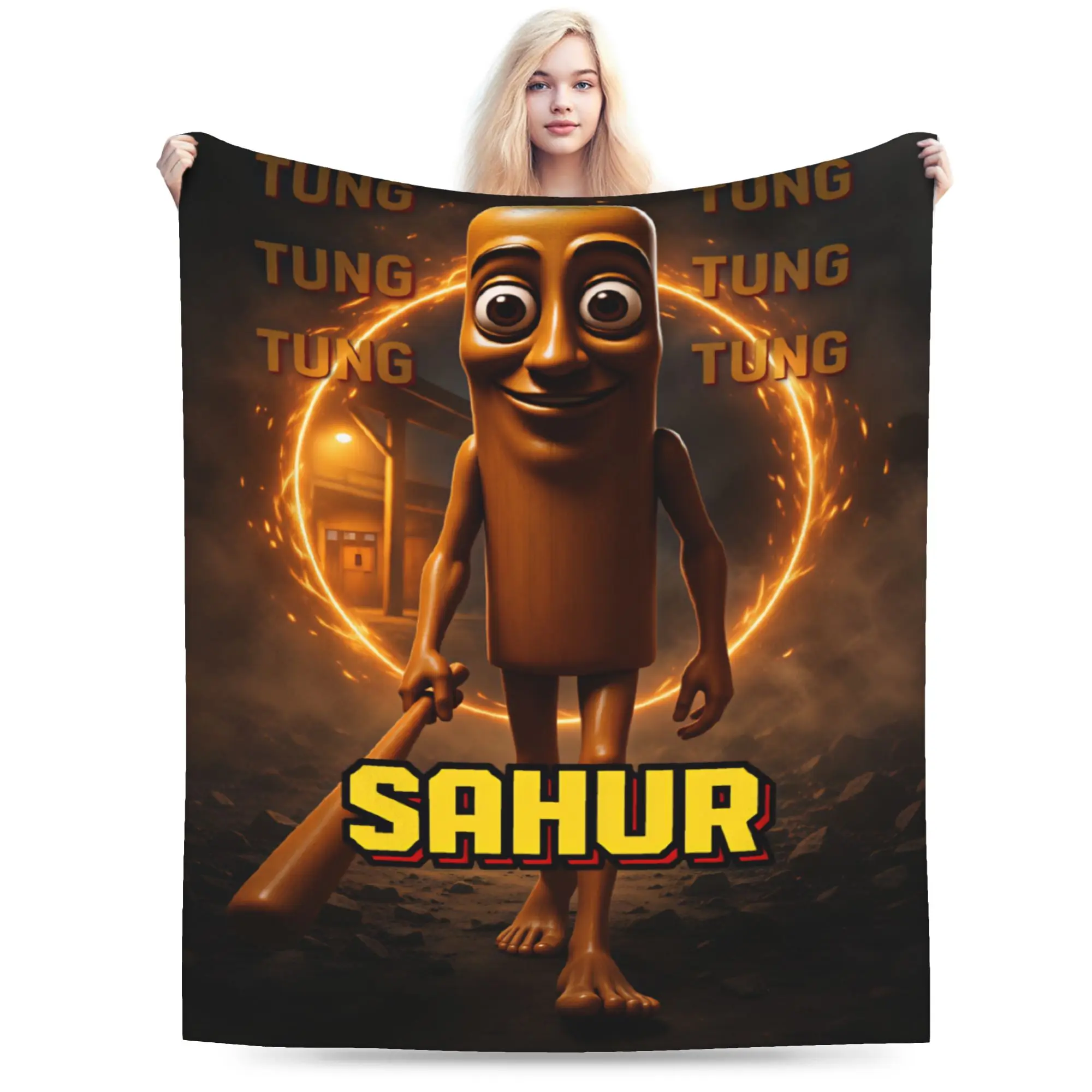 Tung Tung Sahur Fire Ring Dark Night Meme Flannel Blanket Boy Girl Soft Cozy Throw Blanket Living Room Bedspread Sofa Bed Cover