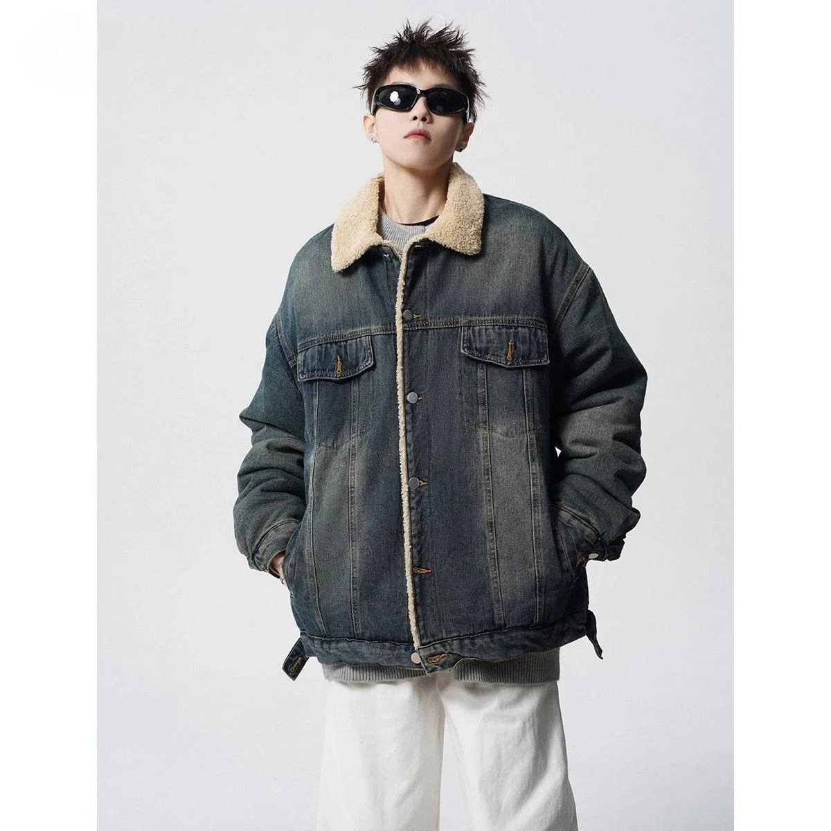 Fleece Solid Lapel Denim Cotton Jacket Men Autumn Winter High Quality  Washed Couple Casual Thickened Fashion Coats