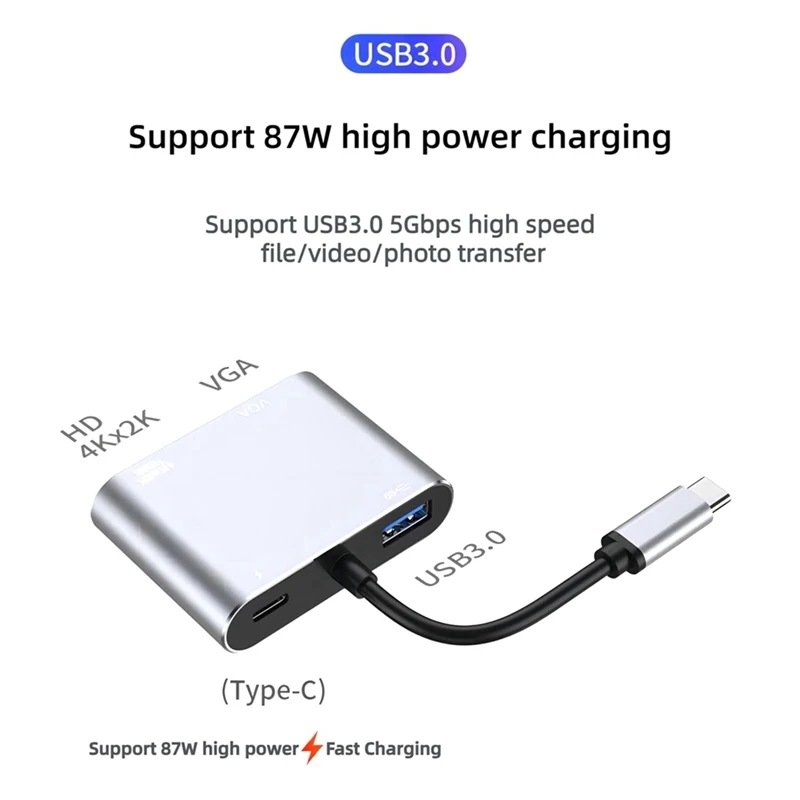 USB C Hub 4-In-1 Docking Station With 5Gbps USB 3.0, 4K HD, VGA, 87W PD Charging For , Laptops, & More